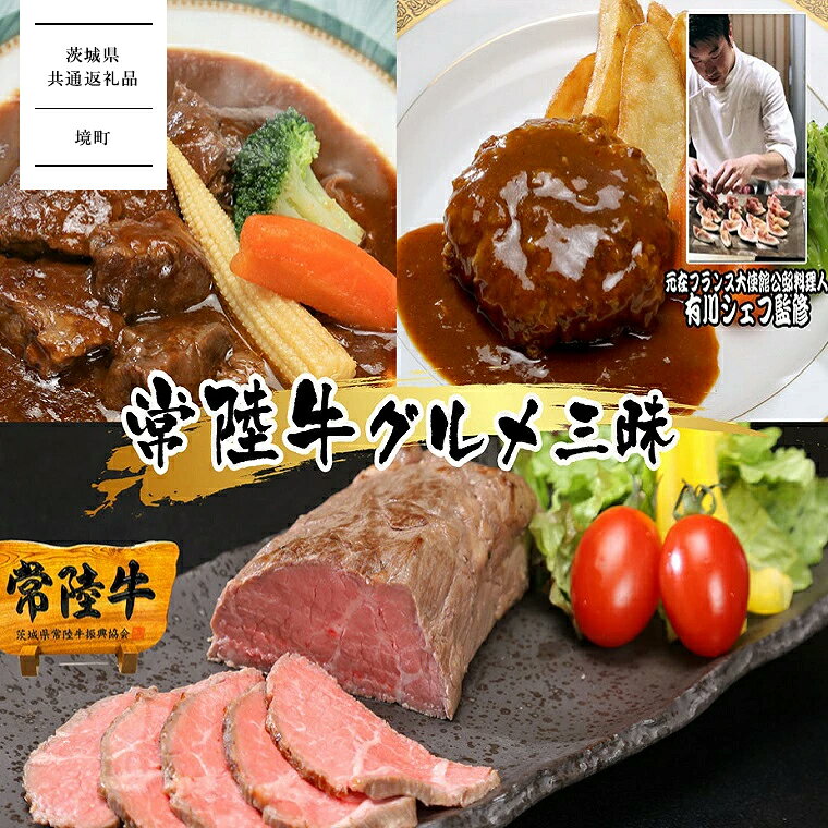 《定期便》3か月連続お届け！常陸牛の贅沢コース（2人前） ｜ハンバーグ・ローストビーフ・ビーフシチュー 加工品 【茨城県共通返礼品】