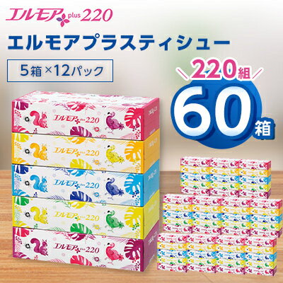 【ふるさと納税】 エルモア プラス ティシュー 220組 5箱×12パック (60箱) 【離島・沖縄県不可】_ ティッシュ ティッシュペーパー 日用品 消耗品 まとめ買い 常備品 生活用品 ボックスティッシュ 【配送不可地域：離島・沖縄県】【1333461】