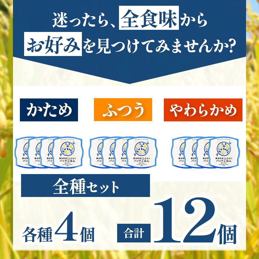 【ふるさと納税】＼最短翌日配送特集／パックごはん 栃木県産 コシヒカリ 選べる硬さ ｜ かため ふつう やわらかめ パックライス レトルト ご飯 お米 非常食 備蓄 まとめ買い 詰め合わせ 贈り物 産地直送 グルメ 食品 栃木県 真岡市 送料無料 f092096-moka-10000864 栃木県真岡市 サンプル画像3