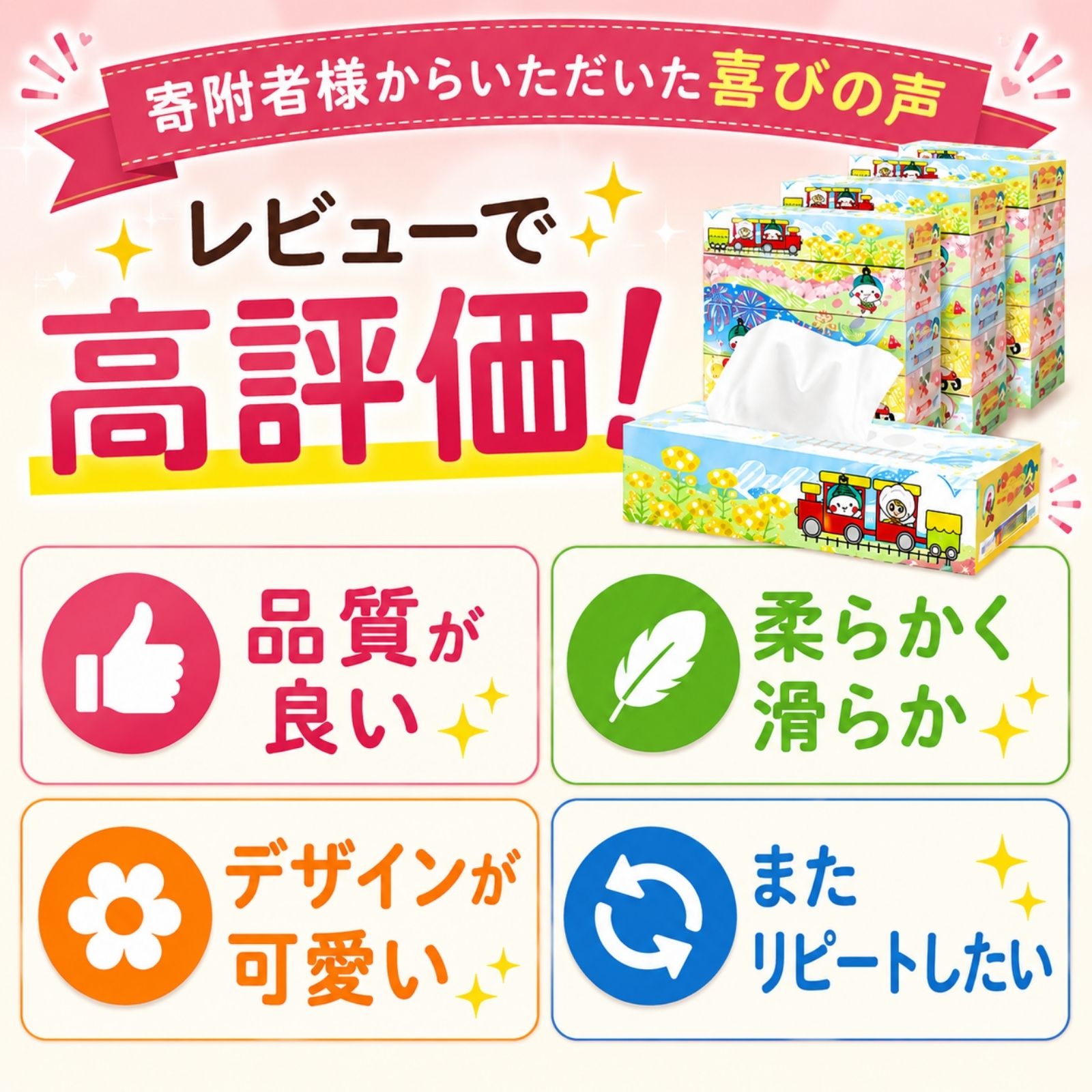 【ふるさと納税】★満足度98％★【最短翌日発送】 ティッシュ ティッシュペーパー 60箱 30箱 10箱 ボックスティッシュ ピュアパルプ100% | 定期便 3回 6回 150組 300枚 日用品 消耗品 備蓄 まとめ買い 生活必需品 栃木県 真岡市 限定 SL キャラクター 送料無料 f092096-moka-10000264 栃木県真岡市 サンプル画像3