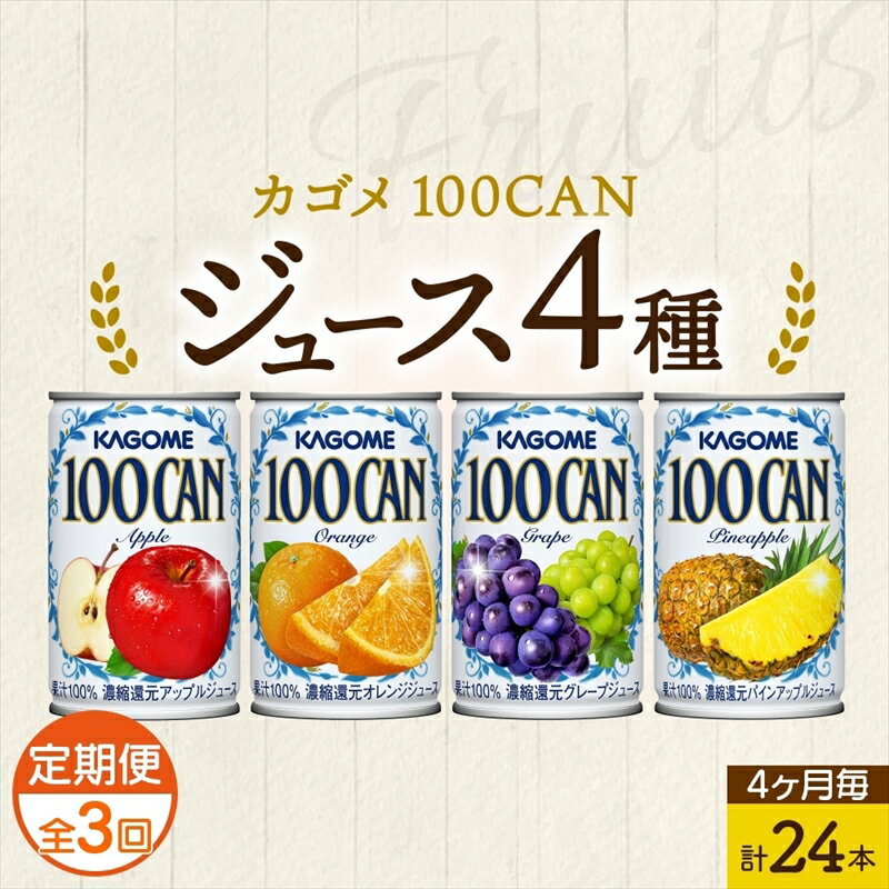 定期便 4ヵ月毎 全3回 カゴメ 100CAN フルーツジュース 詰め合わせ 4種 計24缶 アップル オレンジ グレープ パインアップル 各6缶 濃縮還元 100% ジュース 果汁 飲料 ドリンク フルーツ 果物 ベストセラー ギフト 缶ジュース KAGOME 送料無料 那須塩原市