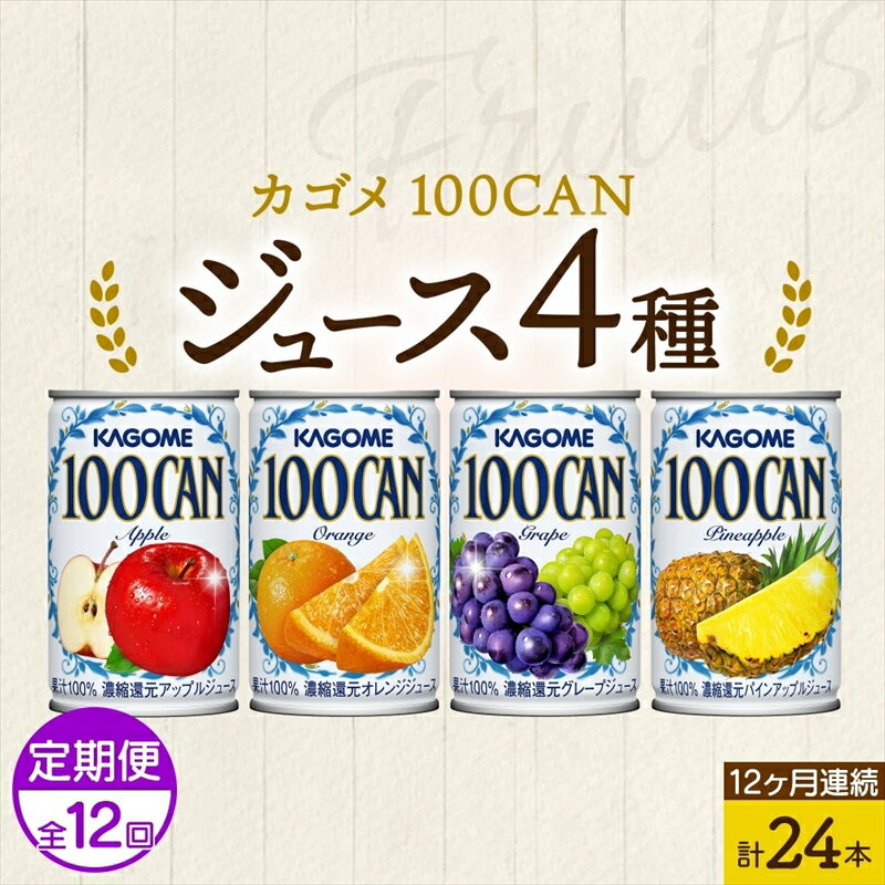 【ふるさと納税】定期便 12ヵ月連続 カゴメ 100CAN フルーツジュース 詰め合わせ 4種 計24缶 アップル オレンジ グレープ パインアップル 各6缶 濃縮還元 100％ ジュース 果汁 飲料 ドリンク フルーツ 果物 ベストセラー ギフト 缶ジュース KAGOME 送料無料 那須塩原市