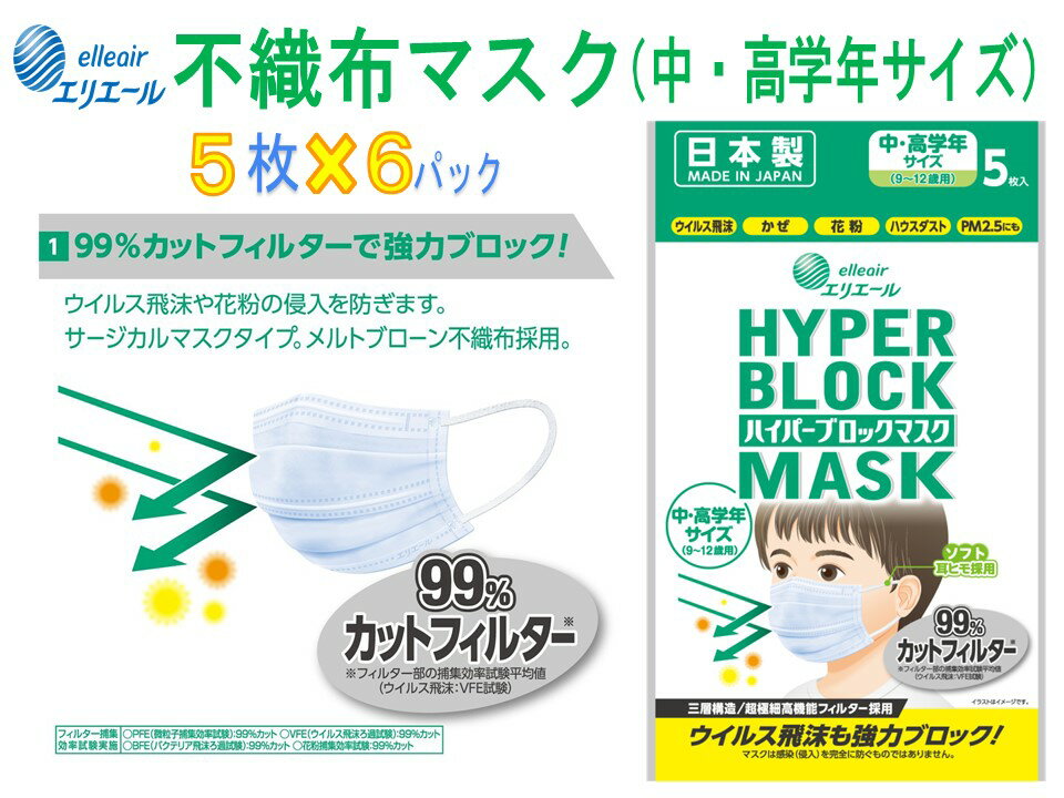 【ふるさと納税】エリエール製 不織布マスク 中・高学年用 5枚×6パック ≪ウイルス対策 花粉対策 花粉 ハウスダスト PM2.5 サージカルマスク 不織布≫使い捨てマスク 白 三層構造 飛沫防止 BFE99% 日本製 送料無料