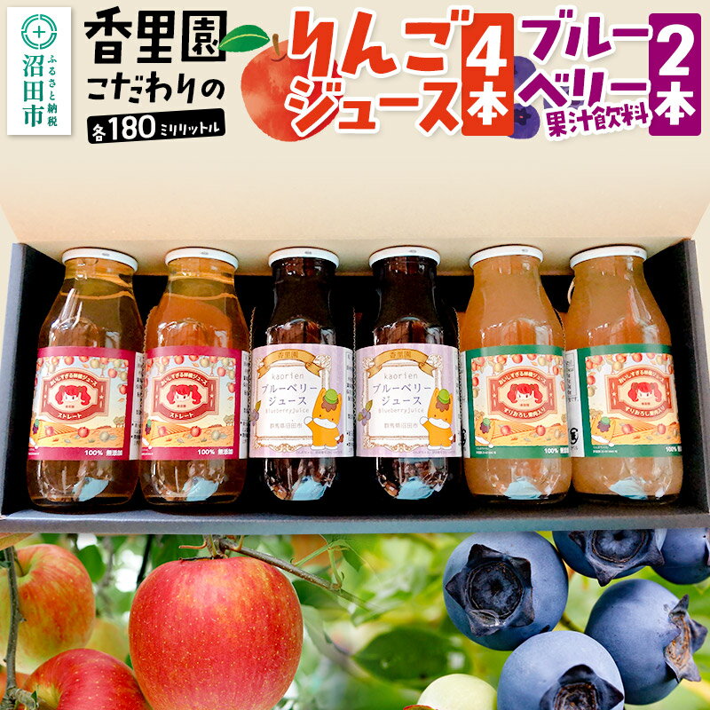 香里園こだわりの100%りんごジュース4本とブルーベリー果汁飲料2本セット(小瓶)各180ml