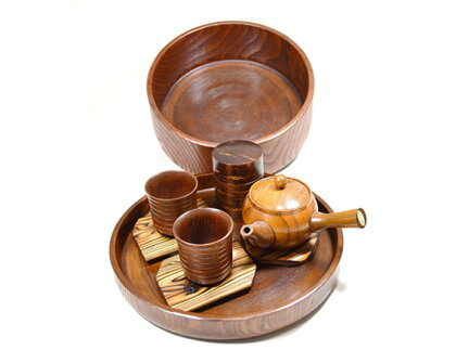 欅のお茶セット(茶櫃、茶筒、急須、急須台、湯飲み、茶托)