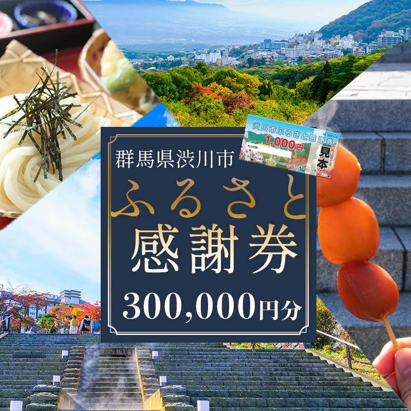 【ふるさと納税】渋川市ふるさと感謝券 300,000円分（1000円×300枚） 伊香保温泉 うどん 宿泊 旅行 観光 ホテル 旅館 トラベル 飲食 お土産 F4H-0097