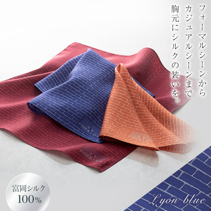 【ふるさと納税】《国産シルク100%》富岡シルク ポケットチーフ レンガ(リヨンブルー)