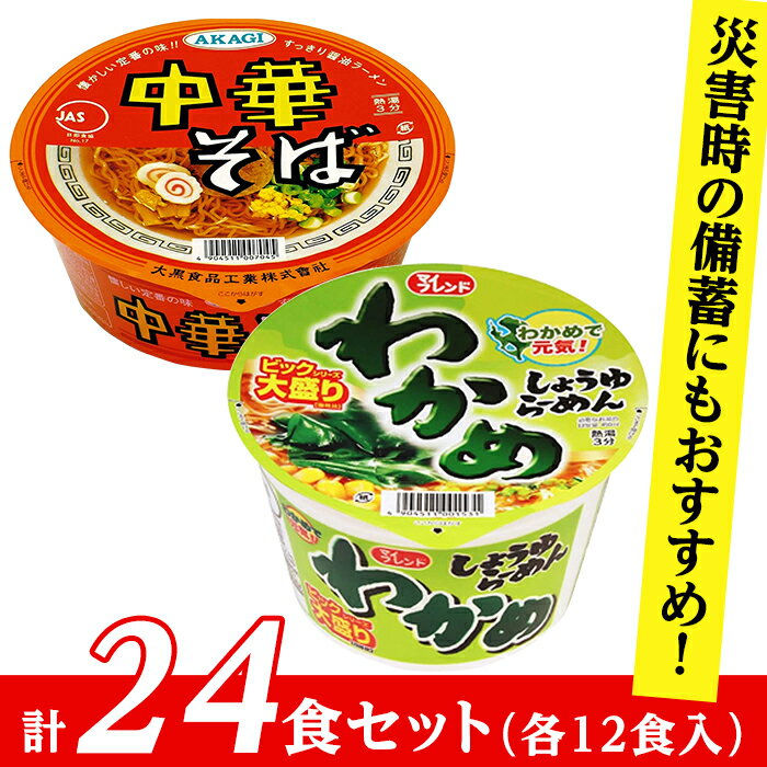 【ふるさと納税】カップラーメン カップ麺 詰め合わせ 防災 備蓄 麺 昼ご飯 夜食 小腹 手軽 即席 便利 インスタント 非常食 保存食 ビックわかめしょうゆらーめん、AKAGI中華そば【各1箱（計24食）】