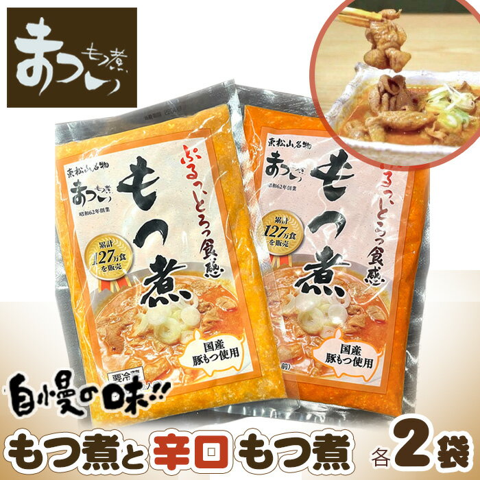 【ふるさと納税】【味噌味・辛口 各2袋】国産豚もつ使用！とろけるほど柔らかい 究極のもつ煮 2種 500g × 2袋 合計4袋 もつ煮 国産豚 もつ もつ煮のまつい 冷蔵 惣菜 手軽 簡単調理 送料無料 東松山 埼玉県