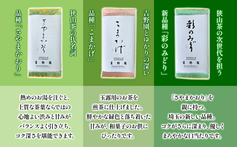 【ふるさと納税】生粋狭山茶 味くらべ利き茶セット さやまかおり 彩のみどり こまかげ 3種 各100g 真空パック 化粧箱入り 緑茶 茶葉 詰め合わせ 飲み比べ 日本茶 飲料 狭山茶 贈り物 ギフト 贈答 煎茶 深蒸し茶 香り 旨み ティータイム 吉野園 埼玉県 日高市