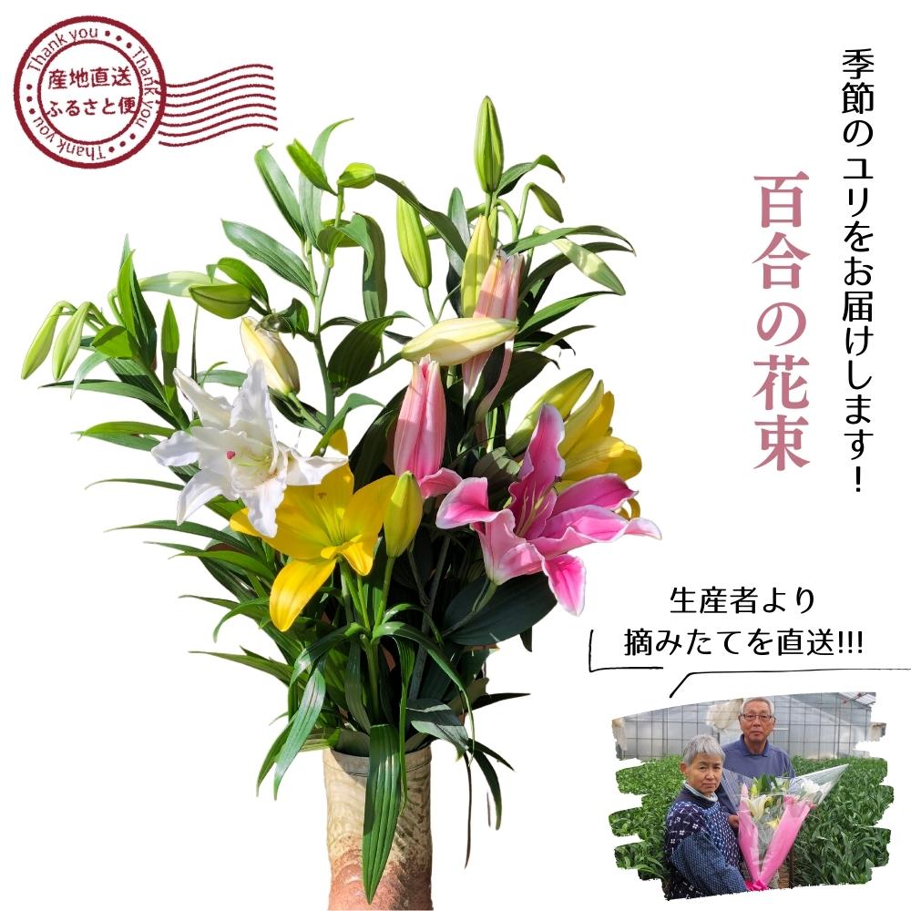 生産者直送 百合の花束 5本〜7本 ユリだけのボリュームたっぷり花束 オリエンタル系の百合入り 摘みたてつぼみの状態で発送するから咲いていく過程も楽しめる 西川ゆり園