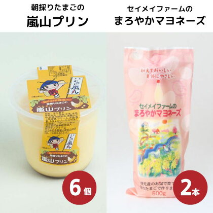 朝採りたまごの嵐山プリン6個とセイメイファームのまろやかマヨネーズ2本セット　【調味料・お菓子・プリン】