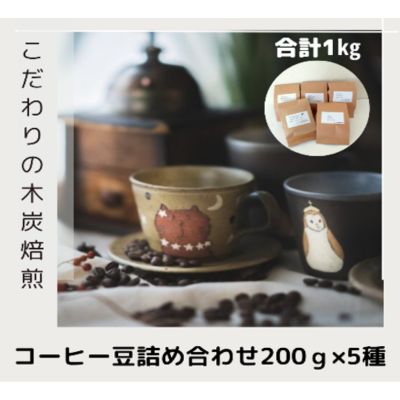 木炭焙煎珈琲豆 200g×5種セット1kg　【 コーヒー豆 珈琲豆 コーヒー粉 珈琲 】