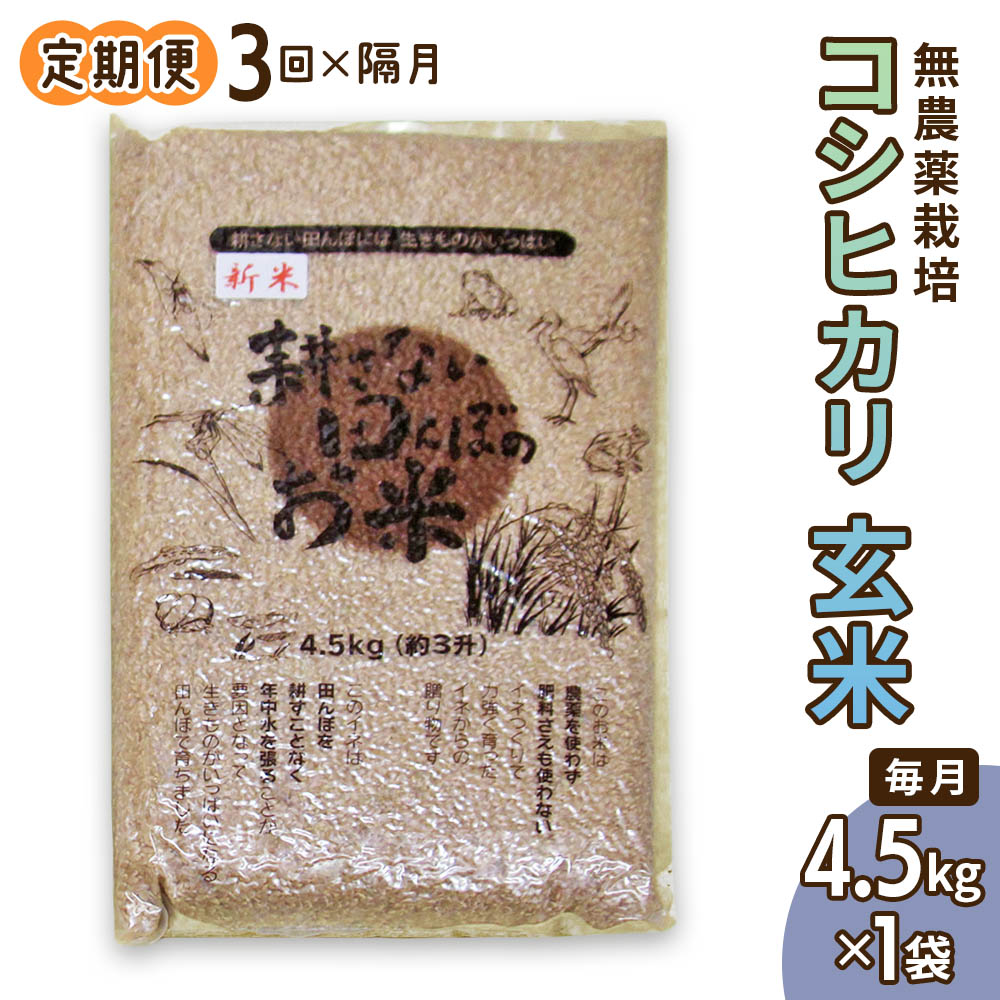 [定期便] (隔月×3回お届け) 無農薬栽培 コシヒカリ 玄米 4.5kg 【令和5年度米】 [0348]