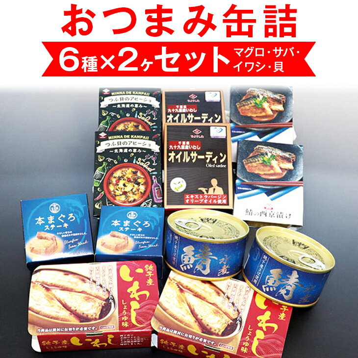 【ふるさと納税】マグロ サバ イワシ 貝 おつまみ缶詰6種×2ヶセット◇≪缶づめ 鮪 まぐろステーキ さば缶 いわし つぶ貝 オイルサーディン アヒージョ おつまみセット 家飲み 宅飲み お酒のお供≫※離島への発送不可※着日指定不可