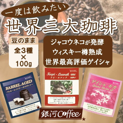 生涯で飲みたい 世界3大珈琲(豆のまま)100g×3種 銀河コーヒー【12203-0103】