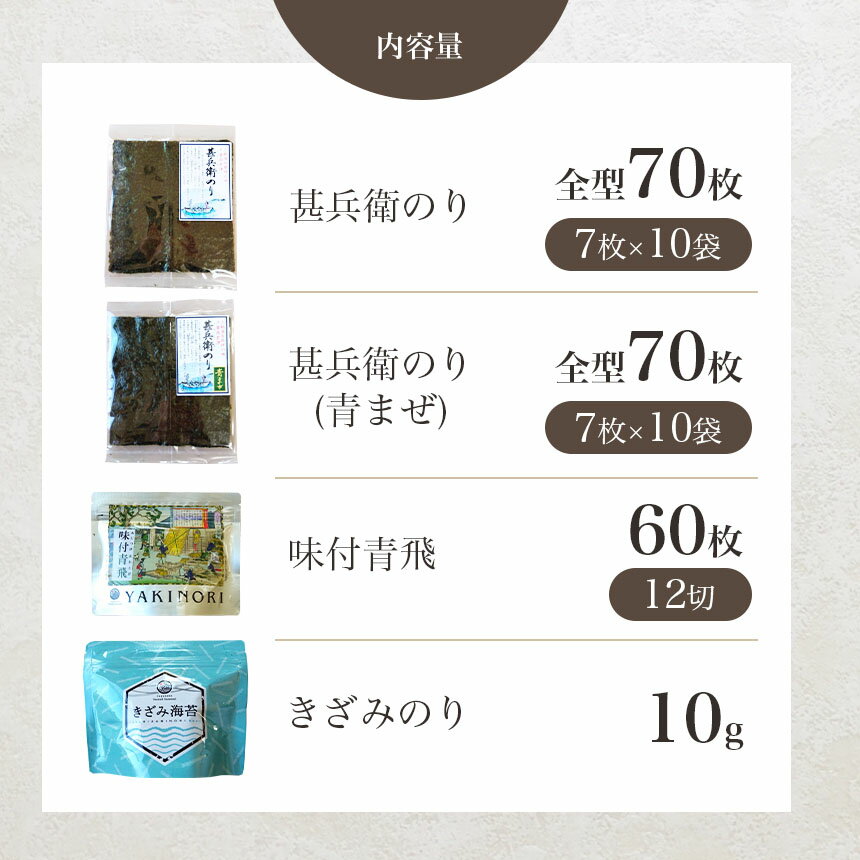 【ふるさと納税】たっぷり ! 焼きのり 2種類 甚兵衛のり70枚 青まぜ 70枚 味付青飛 12切 60枚 きざみのり10g 国産 送料無料 カネス 君津市 きみつ 千葉県 2