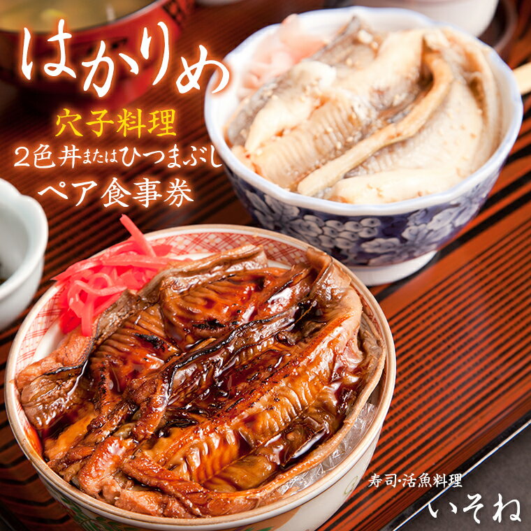 【ふるさと納税】食事 券 チケット 2名 ペア 穴子 はかりめ 2色丼 ひつまぶし おすすめ 名物 あなご アナゴ 丼 どんぶり ひつまぶし 海鮮 魚介 魚貝 体験 海の幸 ご当地グルメ 煮穴子 寿司 活魚料理 いそねのサムネイル