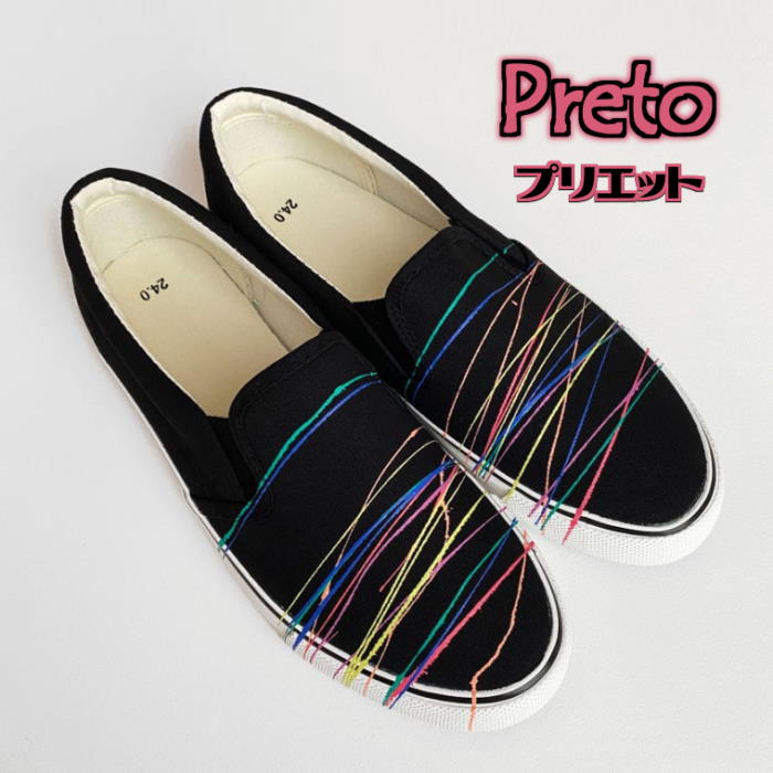 手描き スニーカー Preto(プリエット) レディース メンズ ユニセックス 黒地 ワイズ 2E 22.0〜28.0cm[受注制作]