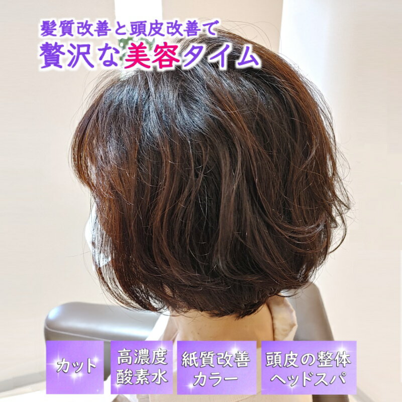 【ふるさと納税】ヘッドスパ 髪質改善 カラー 頭皮改善 ヘアカット 高濃度酸素水 リラクゼーション 「髪質改善と頭皮改善で贅沢な美容タイム」利用券 150分コー...