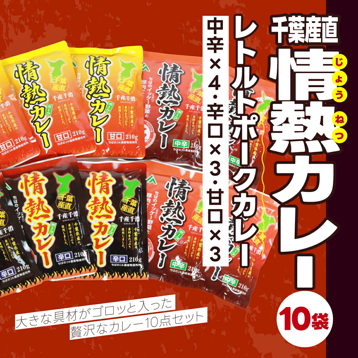 千葉産直情熱カレー10袋セット(中辛×4、辛口×3、甘口×3)レトルトポークカレー カレー かれー curry ポークカレー レトルト レトルトポークカレー 10袋 セット 贅沢 ボリューム 地産地消 JA富里 農協 ちば 千葉県産とみさと 富里 富里市