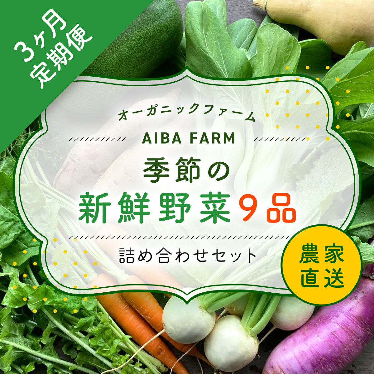 [3ヶ月 定期便]農家直送![栽培期間中農薬不使用]季節の新鮮野菜「9品」詰め合わせセット オーガニックファーム AIBA FARM 野菜セット 無農薬 野菜 千葉県 富里市 直送野菜 お野菜セット 旬野菜 季節野菜 農家直送 採れたて とれたて やさい