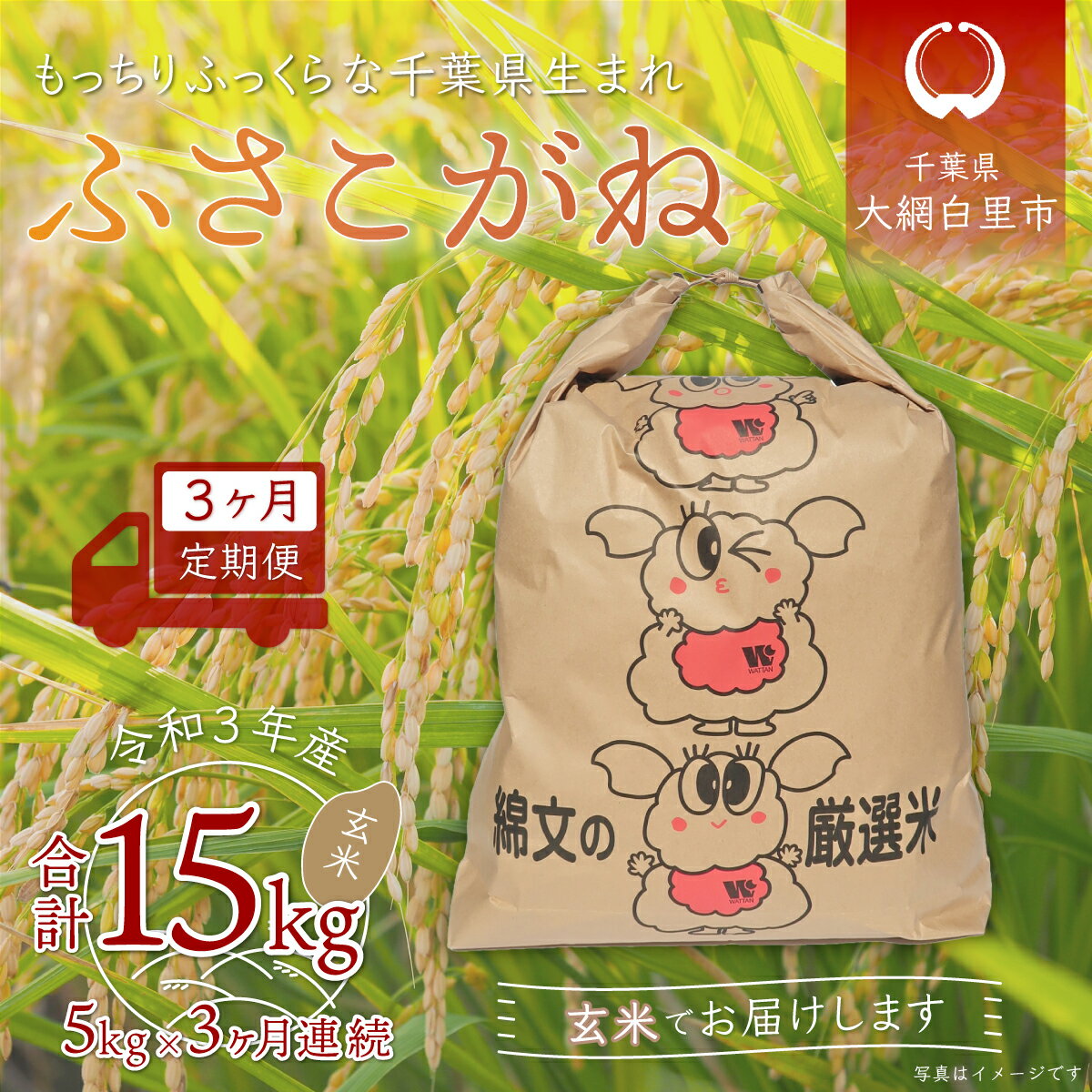 【ふるさと納税】＜3ヶ月定期便＞千葉県産「ふさこがね」玄米5kg×3ヶ月連続 計15kg ふるさと納税 玄米 定期便 5kg 3カ月 千葉県産 大網白里市 ふさこがね 米 こめ 送料無料 A016