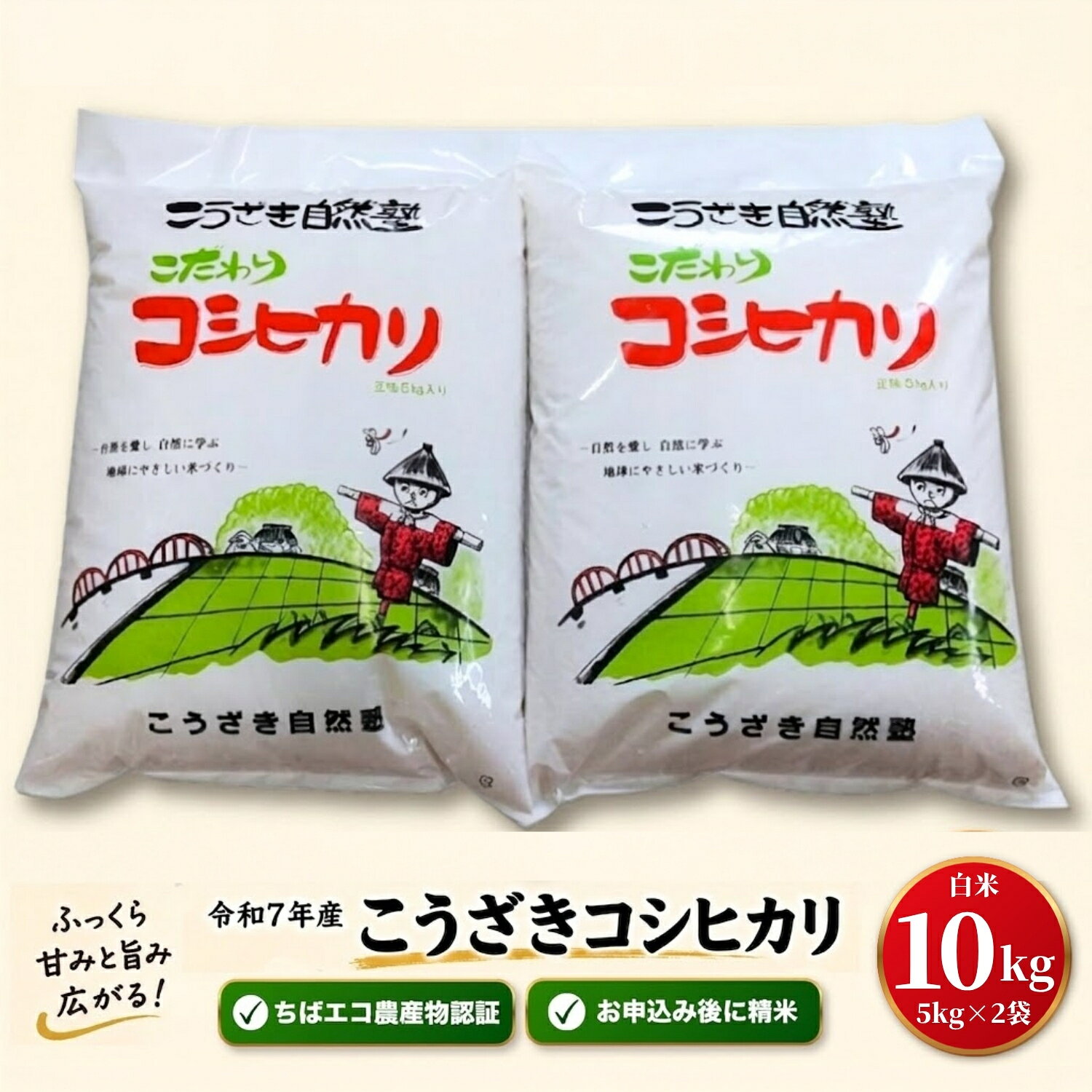 【ふるさと納税】【数量限定】米 10kg コシヒカリ 令和7年産 白米 5kg×2袋 千葉県神崎町産 ちばエコ農産物認証 単一原料米 検査1等米注文後精米 栽培期間中化学肥料不使用 こうざき自然塾 お米 こめ 送料無料 [014-a037]