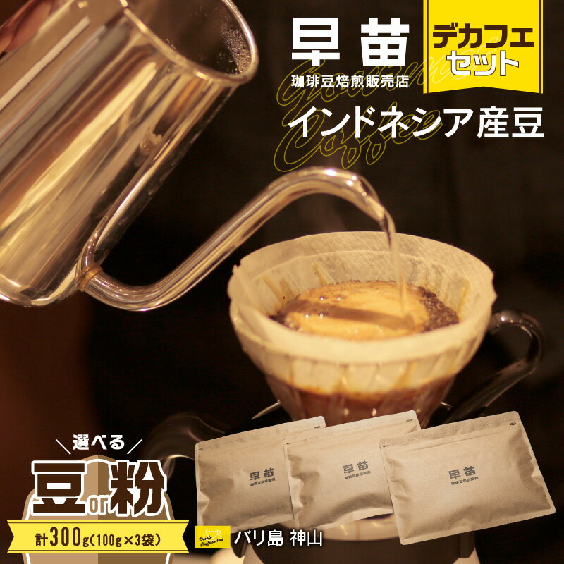 [早苗]焙煎珈琲豆(インドネシア産 デカフェセット100g×3) コーヒー 珈琲 セット デカフェ ディカフェ カフェインレス まろやか 妊婦 小分け ジッパー チャック付き 100g 豆 粉 東京 新宿 0020-004-S05