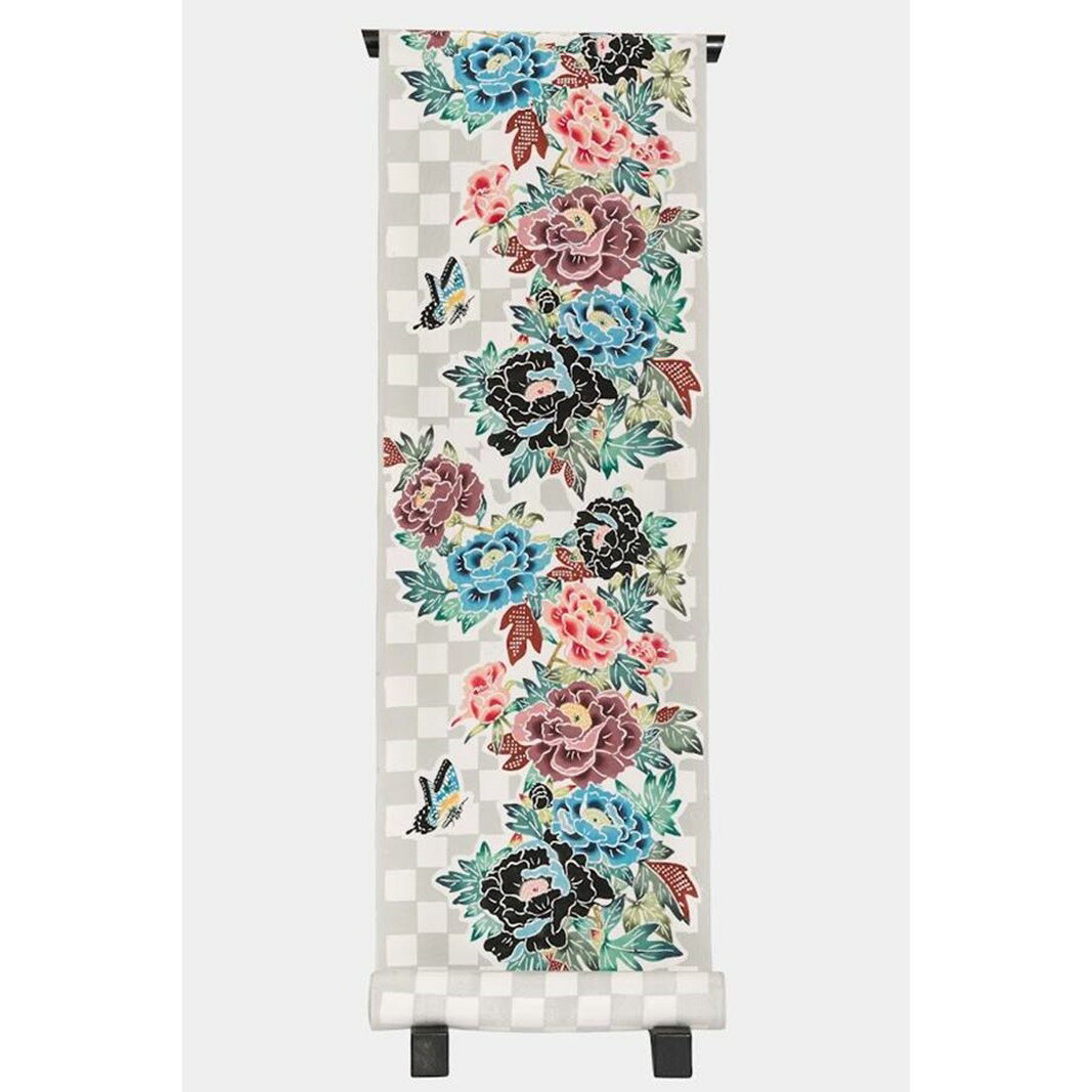 【ふるさと納税】モダン紅型染 名古屋帯(牡丹柄に市松模様),受注染色 帯 染帯 反物 名古屋帯 和服 伝統 工芸 染色 染め物 手染め モダン 紅型 かわいい ...