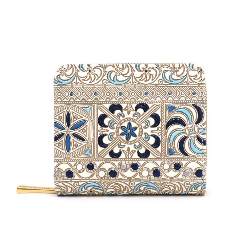 [文庫屋大関]二つ折りファスナーミニ財布 錦紗[青][皮革工芸品]財布 二つ折り 小物 お札 カード 小銭 コンパクト 牛革 手作り 日本製 墨田区 東京都 お届け:発送可能時期より順次配送