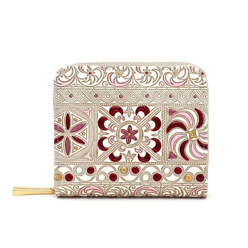 [文庫屋大関]二つ折りファスナーミニ財布 錦紗[ピンク][皮革工芸品]財布 二つ折り 小物 お札 カード 小銭 コンパクト 牛革 手作り 日本製 墨田区 東京都 お届け:発送可能時期より順次配送