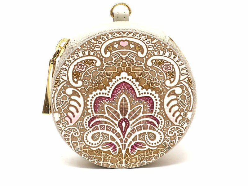 [文庫屋大関]マカロンポーチ アンティークレース[ピオニー][皮革工芸品] ポーチ ミニポーチ 小物入れ アクセサリー入れ イヤホン入れ 収納 保管ケース 手のひらサイズ 本革 革 皮革 工芸品 工芸 雑貨 ギフト プレゼント 日本製 東京