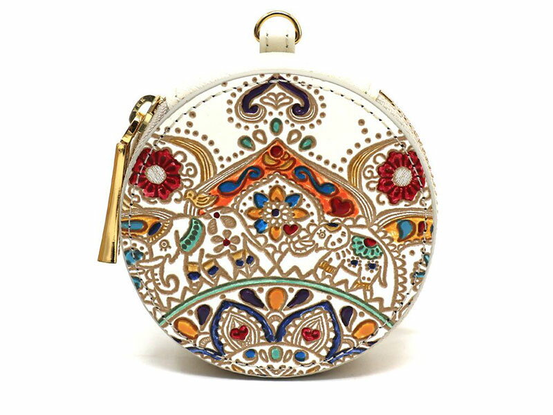 [文庫屋大関]マカロンポーチ 象のカーニバル[皮革工芸品] ポーチ ミニポーチ 小物入れ アクセサリー入れ イヤホン入れ 収納 保管ケース 手のひらサイズ 本革 革 皮革 工芸品 工芸 雑貨 ギフト プレゼント 日本製 東京