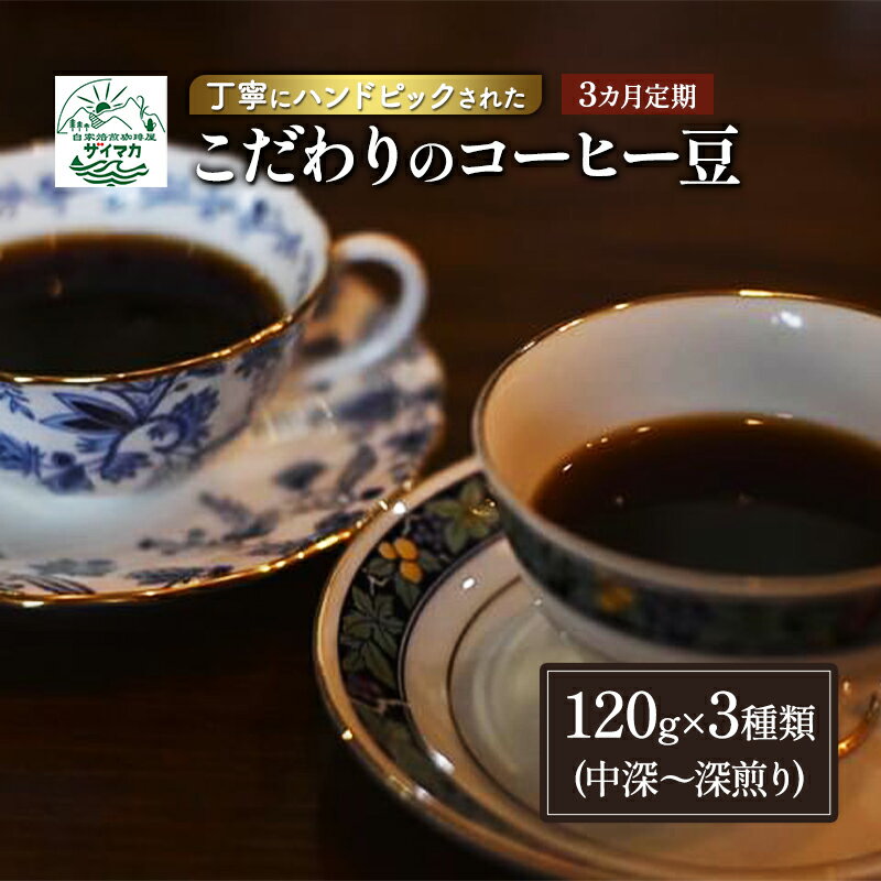 [3ヵ月定期便]丁寧にハンドピックされたこだわりのコーヒー豆120g×3種類(中深〜深煎り)[粉] 珈琲 コーヒー豆 珈琲豆 豆 焙煎 自家焙煎 セット