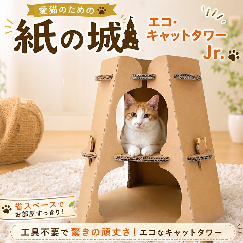 ＜エコ・キャットタワーJr.＞ 猫 ネコ ねこ キャットタワー 猫グッズ 軽量 組立簡単 ペット用品 頑丈 段ボール ダンボール SDGs キャットタワー ペット用品 猫用 組み立て簡単 室内遊具 爪とぎ 猫家具 多頭飼い 神奈川県 厚木市 田中紙業株式会社 TKP003