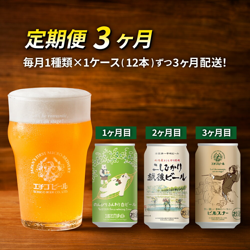 【ふるさと納税】【定期便3ヶ月】エチゴビール【1ヶ月目】のんびりふんわり白ビール350ml缶×12本【2ヶ月目】こしひかり越後ビール350ml缶×12本【3ヶ月目】ピルスナー350ml缶×12本 ビール クラフトビール 350ml 12本 お酒 定期便 3回 お楽しみ　【定期便・ 新潟市 】