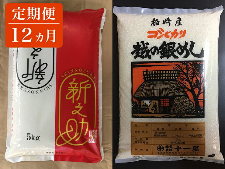 【ふるさと納税】定期便 12ヵ月 柏崎産コシヒカリ・特別栽培 柏崎産 新之助 毎月5kg×2袋(各1種）お届け【 白米 新潟県 柏崎市 】