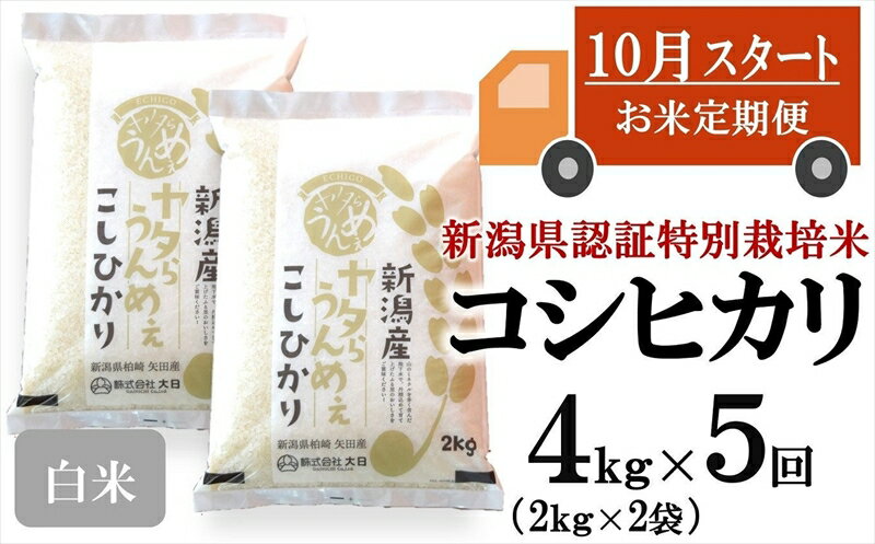 【新米定期便・10月～発送】コシヒカリ 白米 4kg（2kg×2袋）×5回（計 20kg）ヤタらうんめぇお米 先行予約 水田環境鑑定士在籍【 新潟県 柏崎市 】