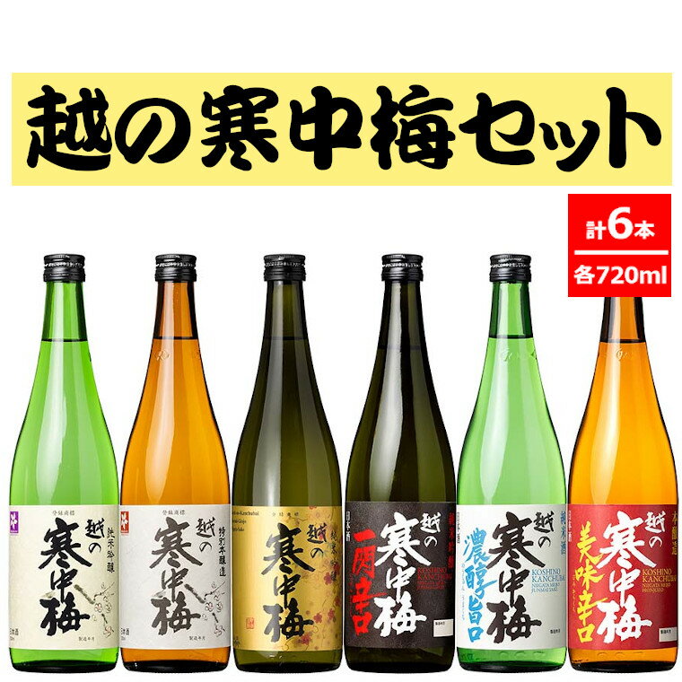 名称 清酒 内容量 清酒720ml×6本 1.越の寒中梅　特別本醸造　720ml×1本 2.越の寒中梅　金ラベル720ml×1本 3.越の寒中梅　純米吟醸720ml×1本 4.越の寒中梅　一閃辛口720ml×1本 5.越の寒中梅　農醇旨口720ml×1本 6.越の寒中梅　美味辛口720ml×1本 ※化粧箱には入っておりません。ダンボールに入れてお届けします。 アルコール度数 越の寒中梅　特別本醸造：15度 越の寒中梅　金ラベル：14度 越の寒中梅　純米吟醸：15度 越の寒中梅　一閃辛口：15度 越の寒中梅　農醇旨口：17度 越の寒中梅　美味辛口：15度 保存方法 ご到着後は冷暗所で保存し、開栓後はできるだけ早めにお召し上がりください。 原材料 越の寒中梅　特別本醸造：米（新潟県産）、米こうじ（新潟県産米）、醸造アルコール 越の寒中梅　金ラベル：米（新潟県産）、米こうじ（新潟県産米） 越の寒中梅　純米吟醸：米（新潟県産）、米こうじ（新潟県産米） 越の寒中梅　一閃辛口：米（新潟県産）、米こうじ（新潟県産米） 越の寒中梅　農醇旨口：米（新潟県産）、米こうじ（新潟県産米） 越の寒中梅　美味辛口：米（新潟県産）、米こうじ（新潟県産米）、醸造アルコール 提供元 新潟銘醸株式会社 新潟県小千谷市東栄1丁目8番39号 詳細 小千谷の酒蔵「新潟銘醸」の製品は淡麗辛口として知られる新潟清酒の中でも、特にきめの細かい上品なコクとすっきりとした後味が特徴。厳冬期に新潟米を越後杜氏が丹精込めて仕込んだ「越の寒中梅」の6種類詰め合わせセットです。 淡麗辛口と言われる新潟県のお酒、小千谷の地酒は、地元の酒蔵「新潟銘醸」と「高の井酒造」で造られています。どちらも新潟清酒の名に恥じない、美味しい日本酒を越後杜氏が精魂込めて造っています。一度味わってみてください。 ※20歳未満の飲酒は法律で禁じられています。 ※20歳未満の方は酒類のお申込みはできません。 ・ふるさと納税よくある質問はこちら ・寄付申込みのキャンセル、返礼品の変更・返品はできません。あらかじめご了承ください。「ふるさと納税」寄付金は、下記の事業を推進する資金として活用してまいります。 寄付を希望される皆さまの想いでお選びください。 ・小千谷市のまちづくり全般 ・教育、文化、スポーツに関する事業 ・福祉、健康、医療に関する事業 ・産業に関する事業 ・都市基盤に関する事業 ・防災、環境、克雪に関する事業 ・交流、市民参加に関する事業 特段のご希望がなければ、市政全般に活用いたします。 入金確認後、注文内容確認画面の【注文者情報】に記載の住所にお送りいたします。 発送の時期は、寄付確認後7日以内を目途に、お礼の特産品とは別にお送りいたします。