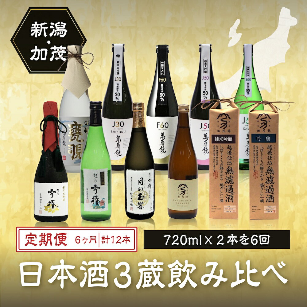 【ふるさと納税】【6ヶ月定期便】日本酒3蔵飲み比べセット 12本（720ml×2本×6ヶ月）辛口 新潟 飲み比べ 地酒 頒布会 マスカガミ 雪椿酒造 加茂錦酒造 贈答 加茂市 マルダイ有本《1月以降順次発送》