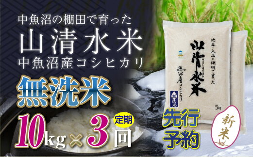 名称精米内容量新潟県魚沼産コシヒカリ無洗米「山清水米」 【定期便】全3回×10kg ※5kgを2袋お届けします。 ※2025年10月以降の配送分は令和7年産米に切り替えてお届けします。 ◇豪雪地の棚田で栽培した魚沼産コシヒカリ ◇農水省から「つなぐ棚田遺産」に選定 ◇令和6年産米 ◇毎月10kgずつ連続3回のお届け ◇低温保存した玄米を都度無洗米にしています ◇毎月10日もしくは25日配送（遠隔地は＋1日～になります） 事業者：NPO法人地域おこし 連絡先：025-761-7009 産地新潟県十日町市品種／産年／使用割合コシヒカリ／別途ラベルに記載／単一原料米精米時期別途商品ラベルに記載販売者特定非営利活動法人地域おこし事業者特定非営利活動法人地域おこし配送方法常温配送お届け時期2024年10月上旬から順次発送します。備考※画像はイメージです。 ※寄附金のご入金確認の翌月以降、初回発送から3ヶ月連続でお届けします。 ※2024年10月以降、毎月10日もしくは25日前後にお届けさせていただきます。 ※2025年10月以降の配送分は令和7年産米に切り替えてお届けします。 ・ふるさと納税よくある質問はこちら ・寄附申込みのキャンセル、返礼品の変更・返品はできません。あらかじめご了承ください。【ふるさと納税】【新米先行受付】【定期便／全3回】無洗米10kg　新潟県魚沼産コシヒカリ「山清水米」　【定期便・十日町市】　お届け：2024年10月上旬から順次発送します。 ～山清水米の特徴～ 【豪雪地帯の棚田ならではの豊かな自然環境】 山清水米が栽培されている池谷・入山集落は冬には3メートル以上の雪が積もり、春になると雪解け水が大地に浸透しミネラルたっぷりの山清水となって田んぼに注がれます 山の上の棚田なので生活排水が混じることはありません 初夏にはホタルも飛び交い、カエルやドジョウ水生昆虫など生き物が沢山棲んでいます 中には絶滅危惧種の生き物もいて、それだけ水のきれいな環境です 茶碗1杯分のお米になるまでに、稲は約40リットルの水を吸うと言われています このように綺麗な水を吸収してできたのが山清水米です そして、標高の高い山地の棚田だからこそ、昼夜の寒暖差によりお米の甘味が増します 【安心・安全を食卓へ】 私達はできるだけ安心・安全なお米作りにこだわっています 新潟県の認証を得た特別栽培米を作っています 特別栽培米では、農薬は2回だけ使用しています 1回目は田植え直前に病害虫といもち病の予防のため苗箱に施用する薬で、2回目は田んぼの中の雑草を抑えるための除草剤を使用しています 【冷めても美味しい従来コシヒカリ】 新潟県ではコシヒカリBLという品種を栽培している農家がほとんどですが、山清水米は昔ながらの従来コシヒカリの種から栽培しています 農協はBLを仕入れているため、従来コシヒカリを栽培しているのは直接消費者に販売している少数の農家だけとなっています しかしお米屋さんなど舌の肥えた人たちには従来コシヒカリの方を高く評価する人も多いです 特に従来コシヒカリは冷めても美味しくモチモチしていて炊き立てとはまた違った美味しさがあり、お弁当やおにぎりにおすすめです 【鮮度を保つ保管方法】 お米は生ものなので、精米すると徐々に劣化していきます なので私達は玄米のまま保冷庫で低温保存し、注文毎に独自の精米プラントで精米し無洗米にして新鮮な状態で発送しています 寄附金の用途について 雪まつりや雪を楽しむイベントの開催 大地の芸術祭の開催や作品管理 障がい者・高齢者にやさしいまちづくり 子育て・教育環境の整備 道路や住宅の雪対策 自然環境の保全・自然エネルギーの活用 文化芸術・スポーツの振興（1）文化芸術の振興事業 文化芸術・スポーツの振興（2）文化財保護及び活用事業 文化芸術・スポーツの振興（3）スポーツの振興及び体育施設の整備事業 地域経済の活性化・雇用の確保 国際交流の促進（1）コモ市（イタリア共和国）との国際交流事業 国際交流の促進（2）クロアチア共和国との国際交流事業 国際交流の促進（3）国際交流全般 災害等の対策 市長にお任せ 受領証明書及びワンストップ特例申請書のお届けについて 入金確認後、注文内容確認画面の【注文者情報】に記載の住所にお送りいたします。 発送の時期は、入金確認後1～2週間程度を目途に、お礼の特産品とは別にお送りいたします。