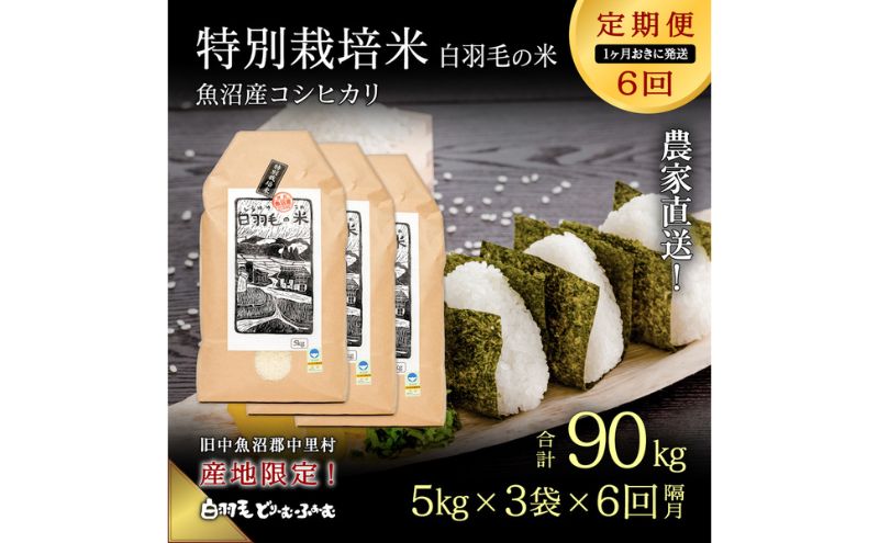 【ふるさと納税】【通年受付】≪令和5年産≫【定期便／1ヶ月おき全6回】農家直送！魚沼産コシヒカリ特別栽培「白羽毛の米」精米(5kg×3袋)×6回 90kg　【定期便・ お米 白米 ご飯 】　お届け：2023年10月01日から発送開始。通年受付にて、月1回全6回お届けいたします。