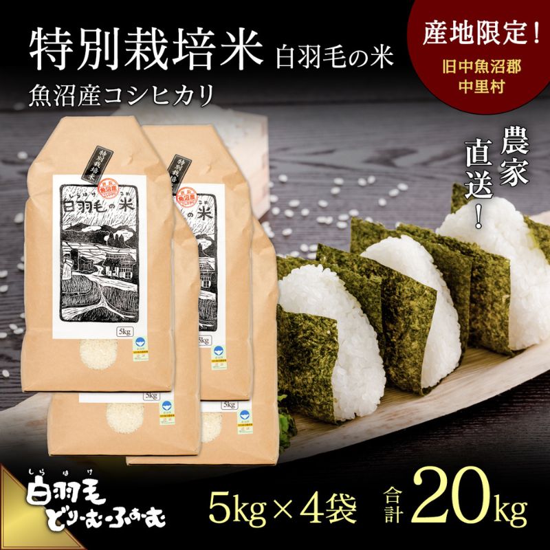 9位! 口コミ数「0件」評価「0」【通年受付】≪令和5年産≫　農家直送！魚沼産コシヒカリ特別栽培「白羽毛の米」精米(5kg×4袋) 20kg　【お米 白米 】　お届け：202･･･ 