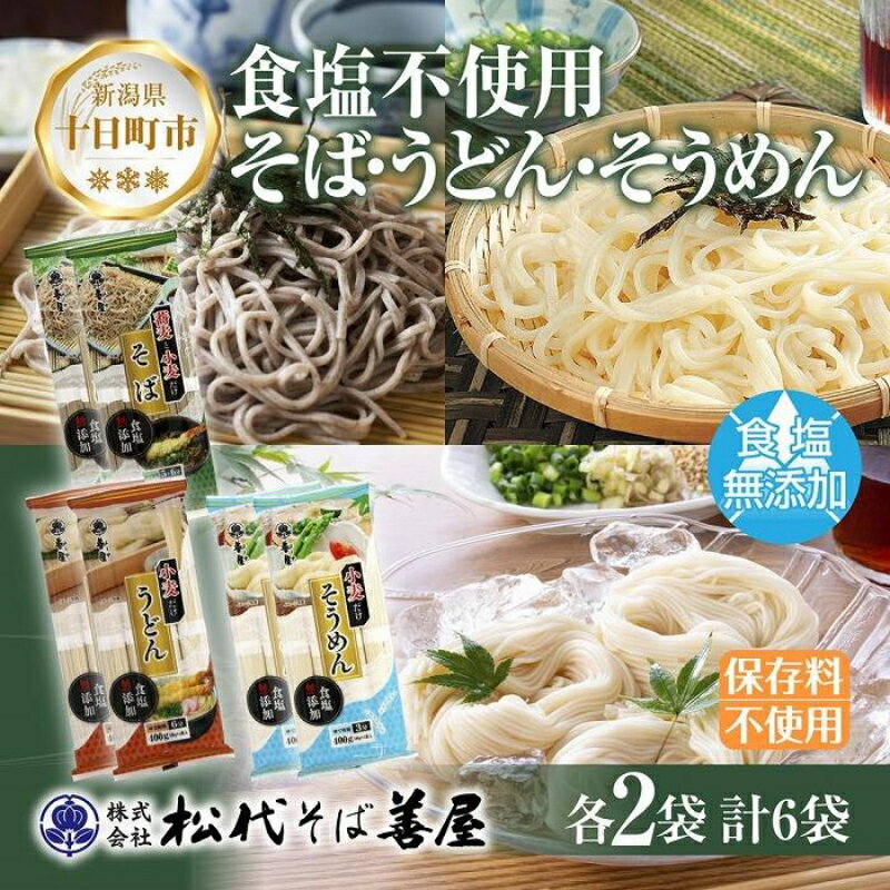 新潟県 蕎麦と小麦だけそば 小麦だけうどん そうめん 3種 計6袋 蕎麦 そば うどん そうめん 無塩 食塩無添加 保存料無添加 乾麺 お取り寄せ 備蓄 保存 ギフト 松代そば善屋 十日町市 [ 麺類 こだわり コシ 安心]