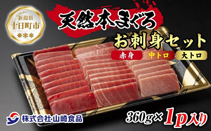 【ふるさと納税】天然 本マグロ 刺身セット 360g 赤身 中トロ 大トロ 三種 盛り合わせ 鮪 クロマグロ 冷凍 まぐろ 刺身 海鮮丼 手巻き寿司 夕食 お取り寄せ グルメ 送料無料 山崎食品 新潟県 十日町市　【 魚貝類 冷凍 旨み 便利 高品質 】