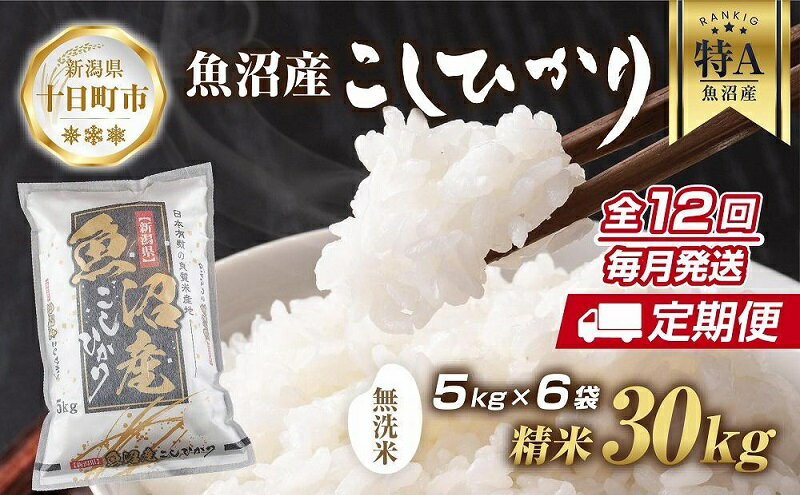 【ふるさと納税】【定期便】｜無洗米｜ 新潟県 魚沼産 コシヒカリ お米 30kg×計12回 精米済み 年間 毎月発送 こしひかり（お米の美味しい炊き方ガイド付き）　【定期便・米・無洗米・お米・コシヒカリ】