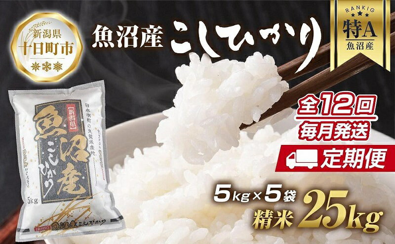 【ふるさと納税】【定期便】新潟県 魚沼産 コシヒカリ お米 25kg×計12回 精米済み 年間 毎月発送 こしひかり（お米の美味しい炊き方ガイド付き）　【定期便・ 精米 ご飯 ブランド米 銘柄米 】