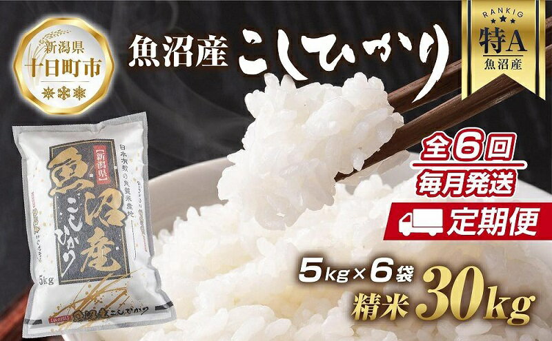 【ふるさと納税】【定期便】 新潟県 魚沼産 コシヒカリ お米 30kg×計6回 精米済み 半年間 毎月発送 こしひかり（お米の美味しい炊き方ガイド付き）　【定期便・ 精米 ご飯 ブランド米 銘柄米 】