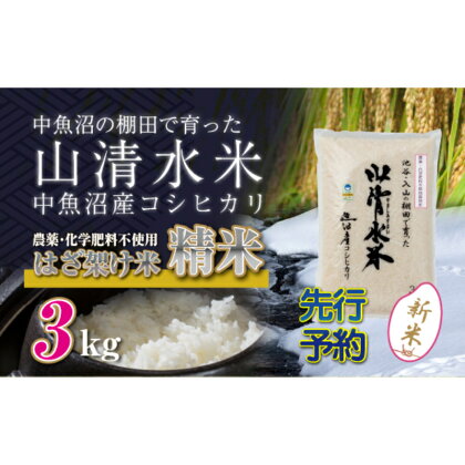 【新米先行受付】新潟県魚沼産コシヒカリ◇精米3kg 栽培期間中農薬・化学肥料不使用「山清水米」はざ架け米　【十日町市】　お届け：2024年11月以降、順次発送します。